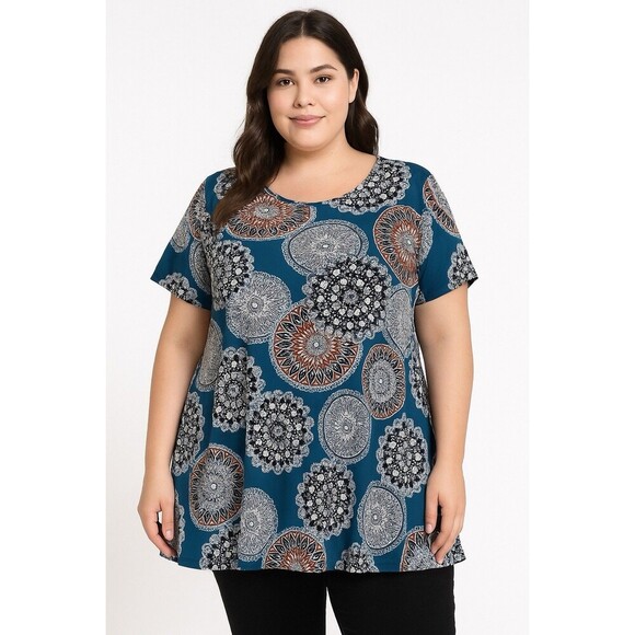 Lavish Tops - Lavish 2X Plus Size Boho Mandala Print Tunic Top Blue Multicolor Short Sleeve